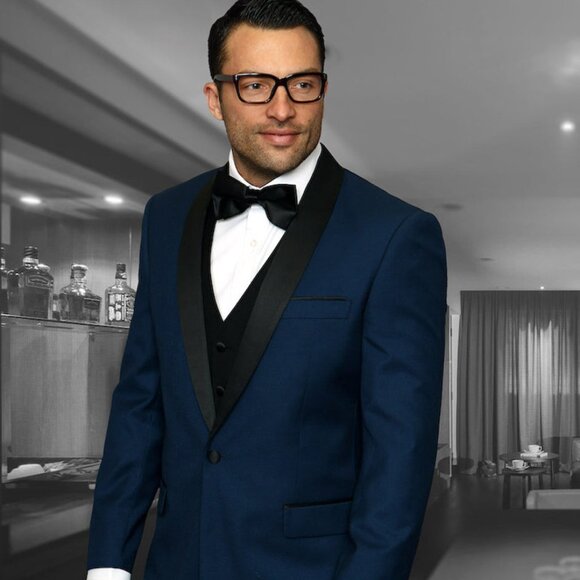 Mens Vested Wool Shawl Lapel Tuxedo in Indigo Blue - Picture 1 of 2